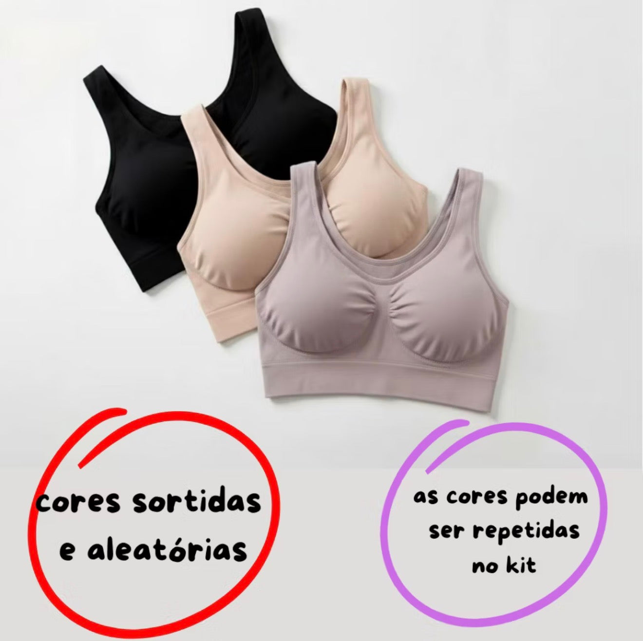 Kit com 3 tops em cores sortidas