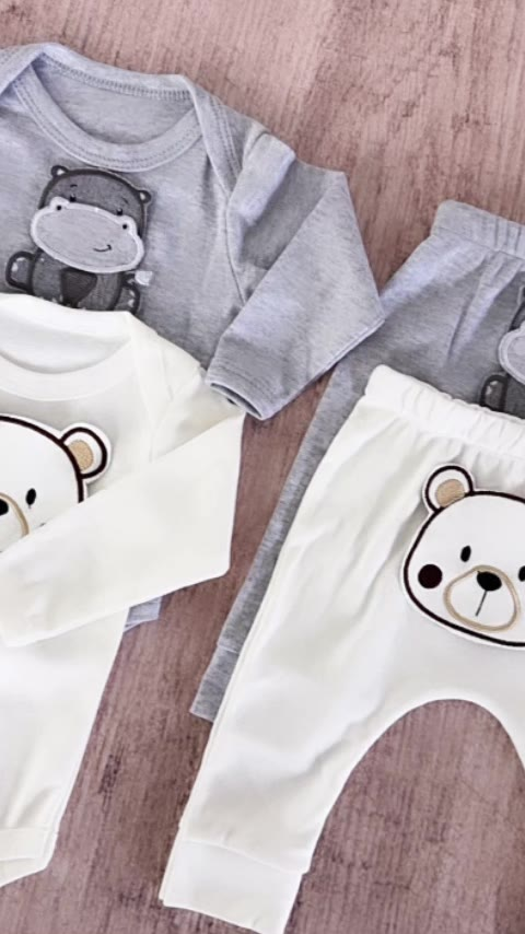 Conjunto 3 Peças Canelado com Bory calça Bordado e Babador Menina e Menino Moda Infantil