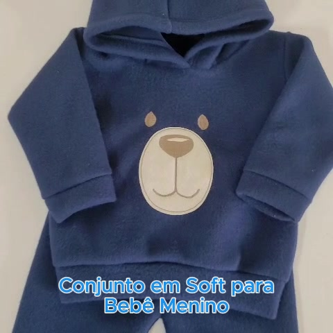 Conjunto Bebê Menino em Soft Bordado Capuz com Orelhinha 2 Peças Casaco + Calça para Bebês