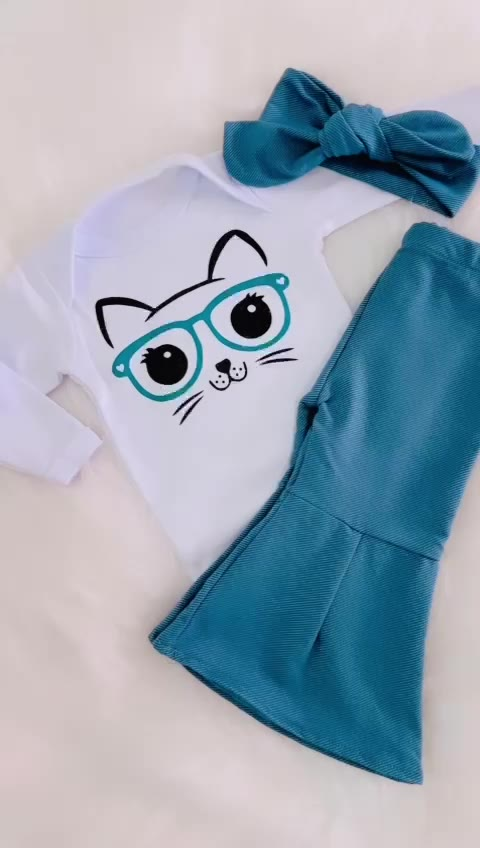 Conjunto Bebe Menina Estilo Bloguerinha Body Manga Longa com Calça de Sarja + Faixinha de Cabelo