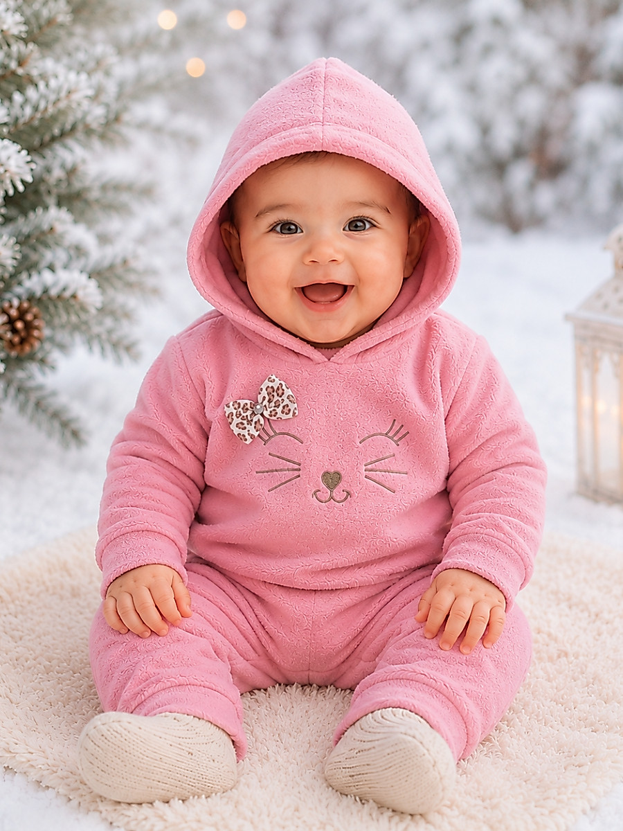 Conjunto Bebê Menina em Soft Bordado Capuz com Laço 2 Peças Casaco + Calça para Bebê Inverno