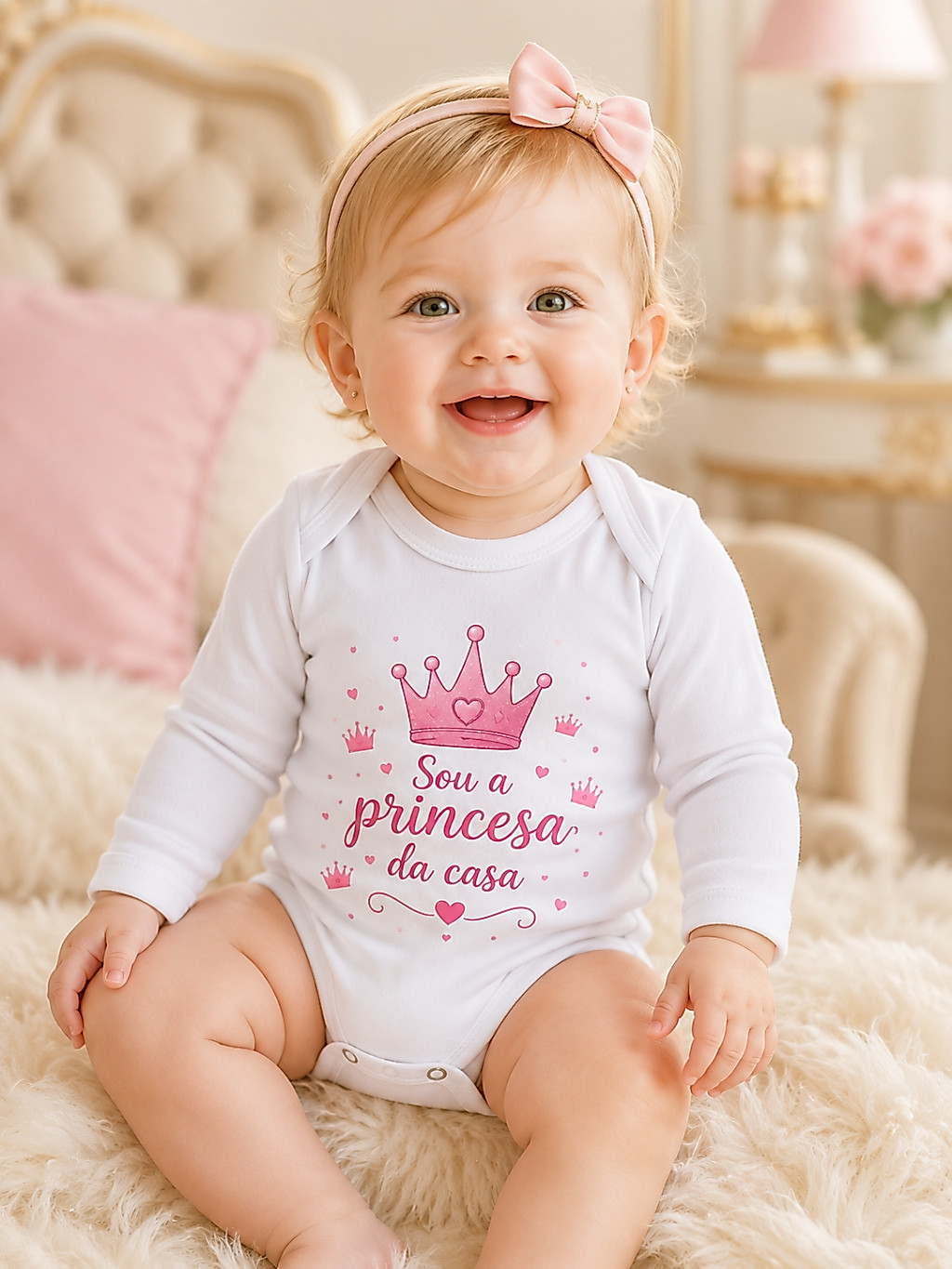 Body Bebê Menina Manga Longa Branco Estampa Princesa da Mamãe e Princesa da Casa P M G Infantil