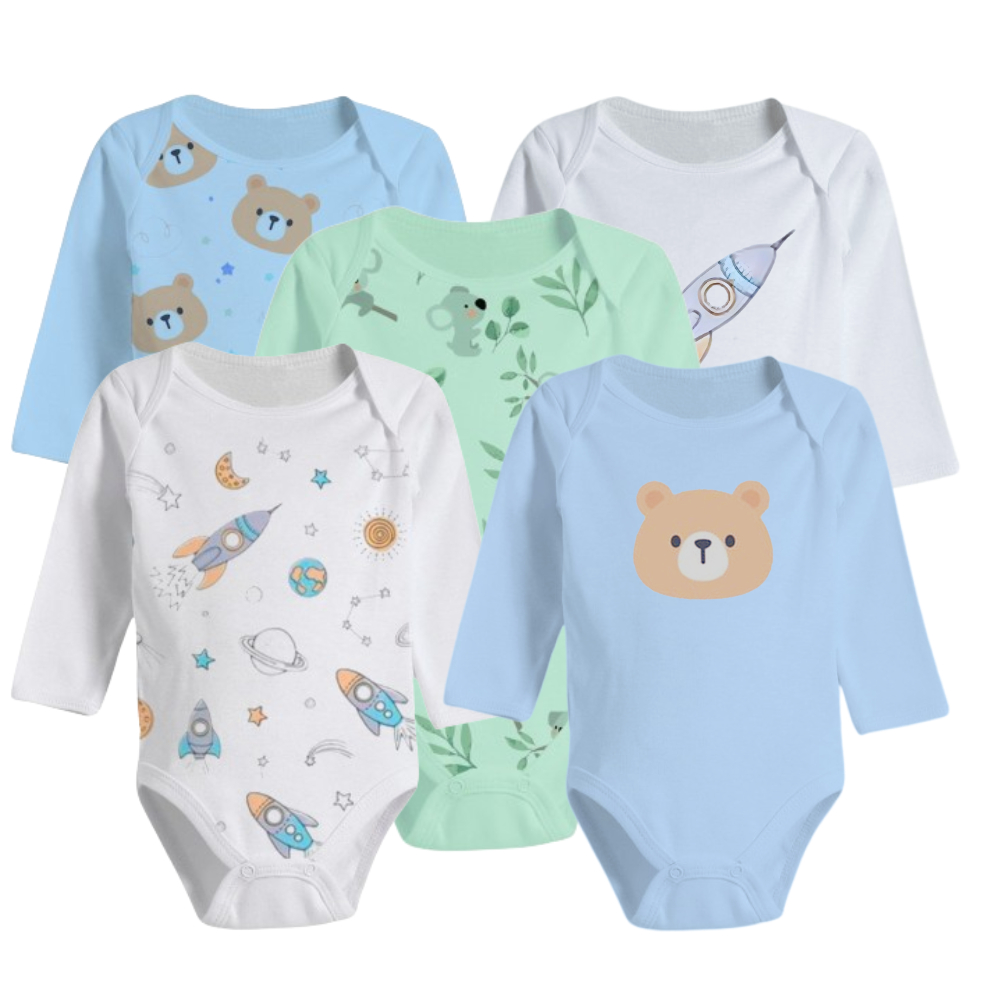 Kit 5 Peças Body Manga Longa Estampado Enxoval Roupa de Bebê