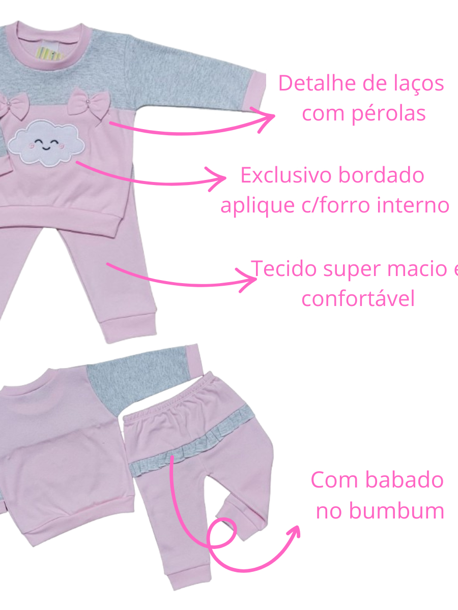 Conjunto Romila Bebê Menina Inverno Blusa Bordada + Calça com Babado Look Bebê Menina