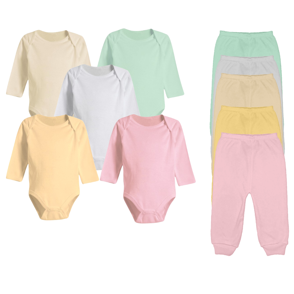 Kit 10 Peças Roupinhas de Bebê Body Longo Liso ou Estampado e Mijão