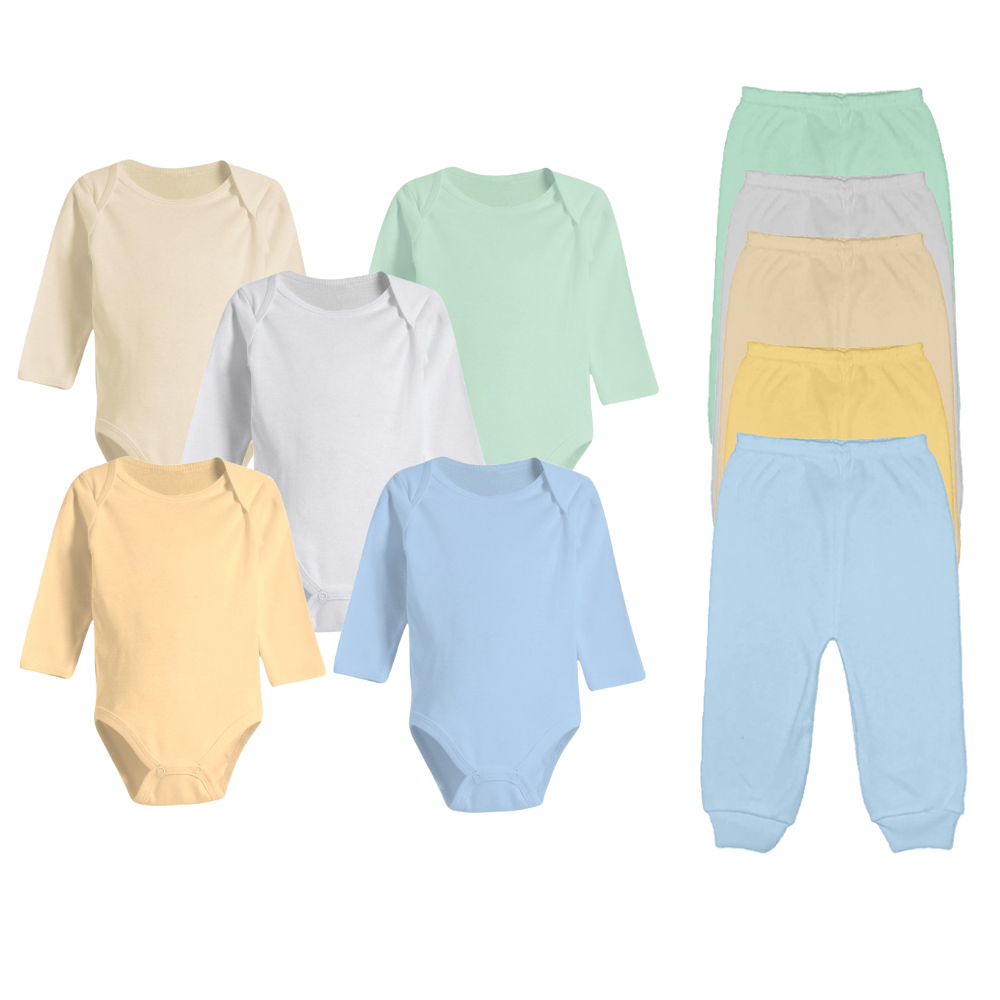 Kit 10 Peças Roupinhas de Bebê Body Longo Liso ou Estampado e Mijão