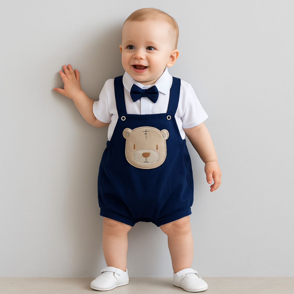 Conjunto Romper Bebê Menino Social em Malha com Bordado + Gravata Borboleta em 2 Peças