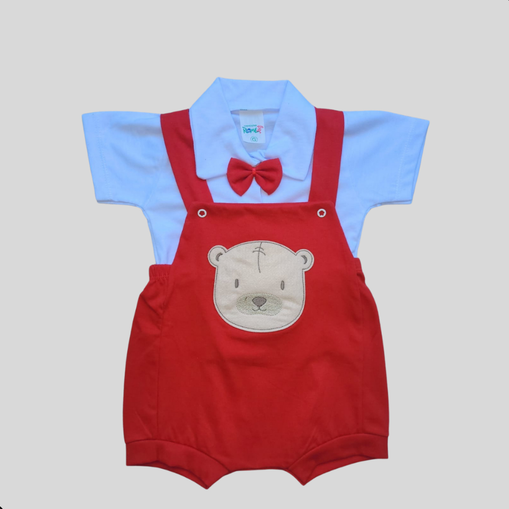 Conjunto Romper Bebê Menino Social em Malha com Bordado + Gravata Borboleta em 2 Peças
