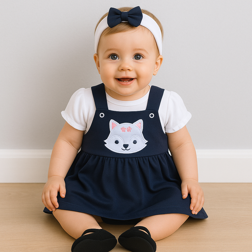 Conjunto Jardineira Bebê Menina Algodão 3 Peças Salopete + Blusinha + Tiara Bordado Roupas de Bebê