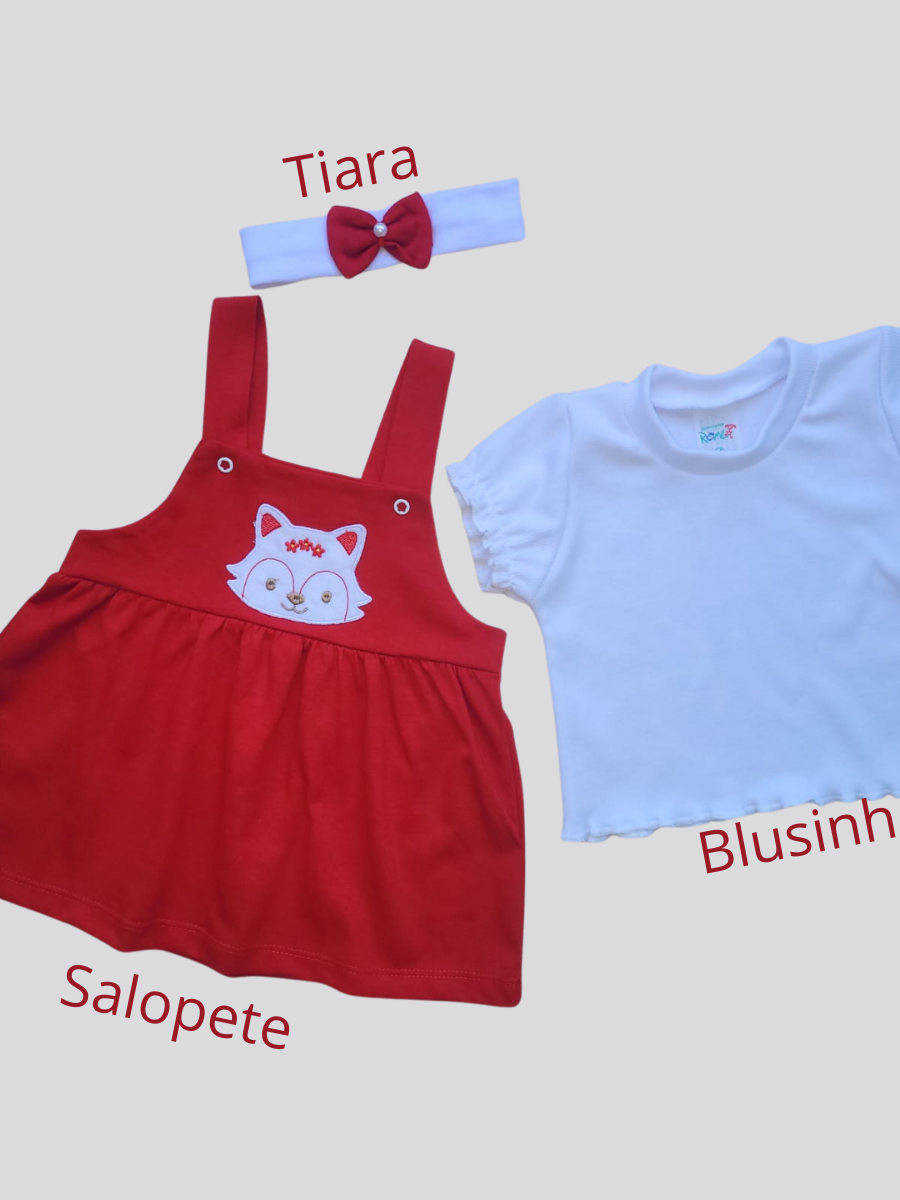 Conjunto Jardineira Bebê Menina Algodão 3 Peças Salopete + Blusinha + Tiara Bordado Roupas de Bebê