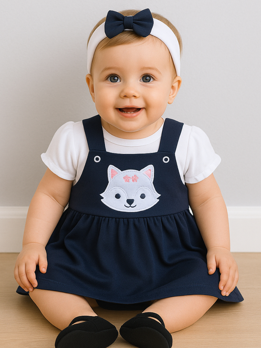 Conjunto Jardineira Bebê Menina Algodão 3 Peças Salopete + Blusinha + Tiara Bordado Roupas de Bebê