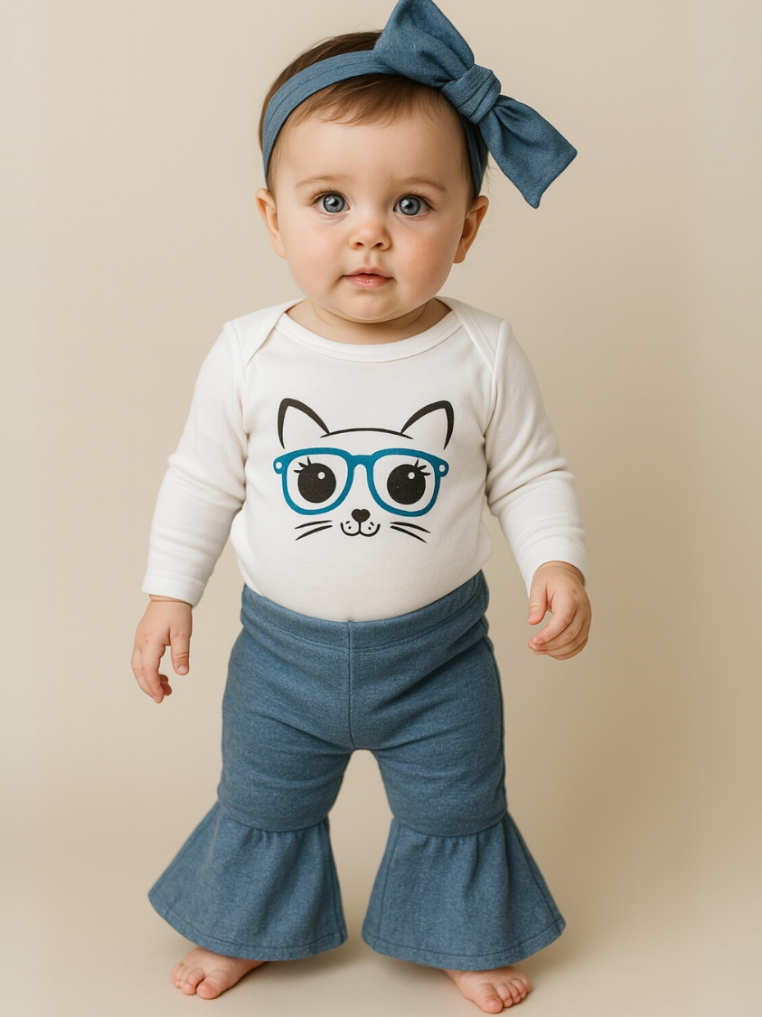 Conjunto Bebe Menina Estilo Bloguerinha Body Manga Longa com Calça de Sarja + Faixinha de Cabelo