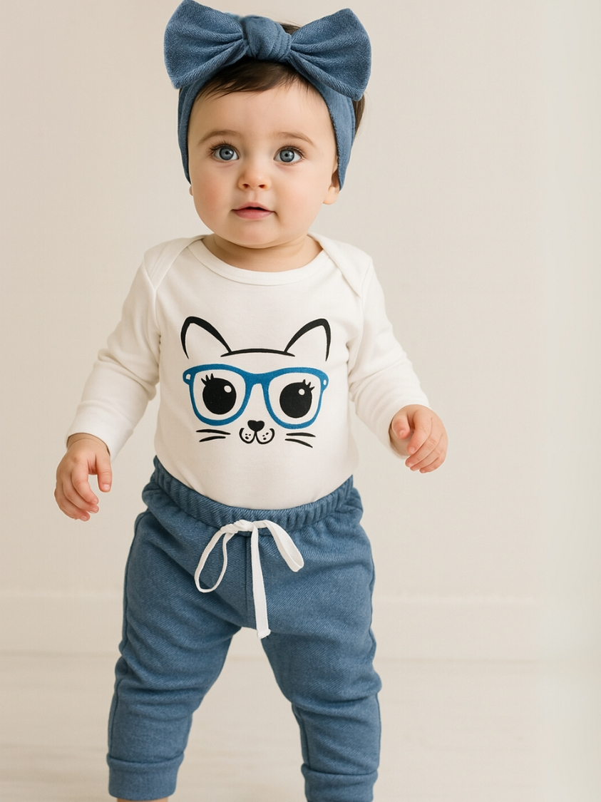 Conjunto Bebe Menina Estilo Bloguerinha Body Manga Longa com Calça de Sarja + Faixinha de Cabelo
