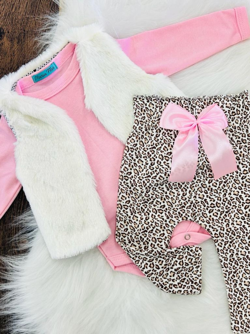 Conjunto Kit 3 Peças Bebê Menina com Body Básico, Calça e Coletinho Forrado para o Inverno Frio