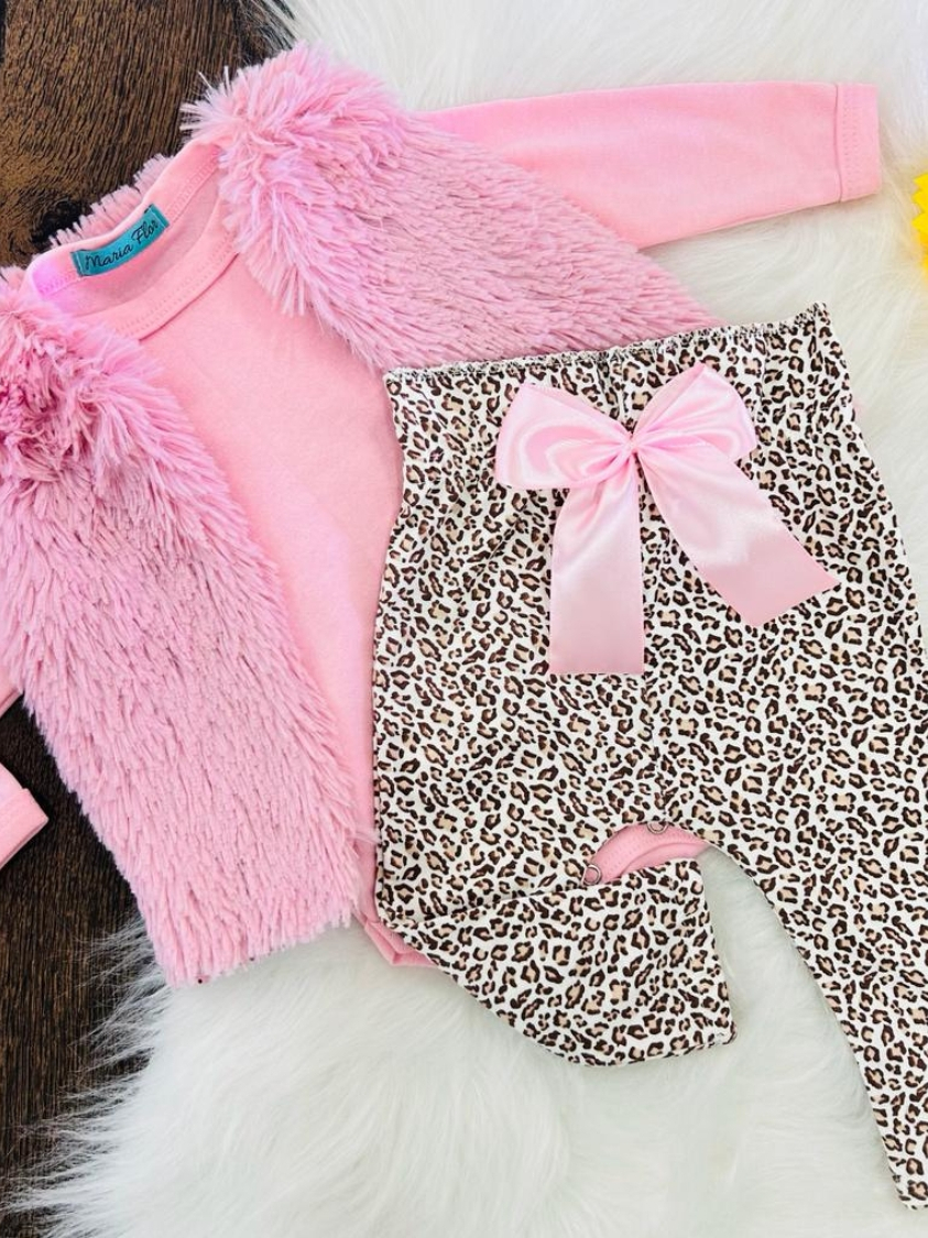 Conjunto Kit 3 Peças Bebê Menina com Body Básico, Calça e Coletinho Forrado para o Inverno Frio