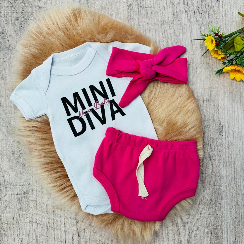 Conjunto Roupa Bebê Menina Body shorts Faixa Algodão Moda Mini Diva infantil Conjuntinho Roupinha