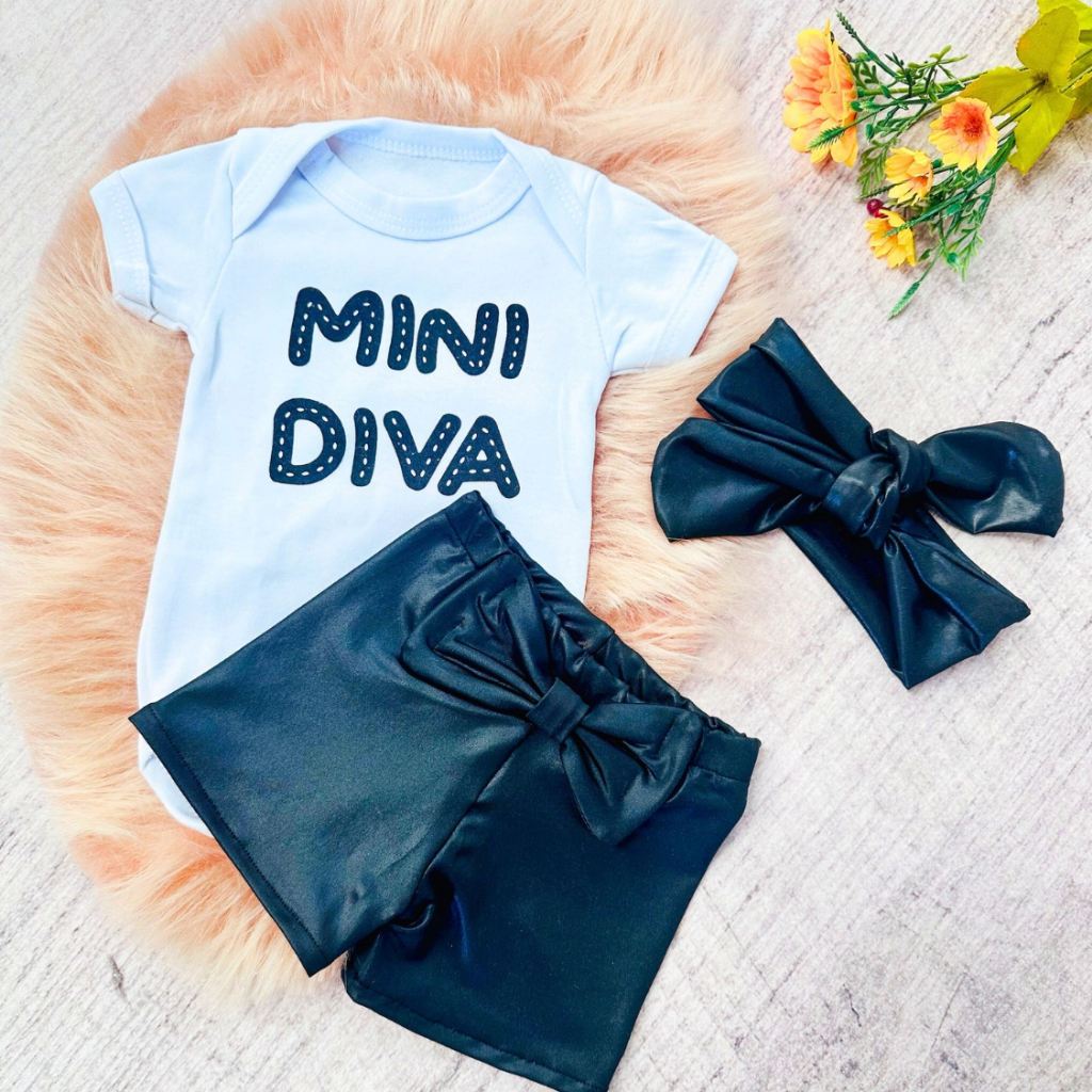 Conjunto Roupa Bebê Menina Body shorts Faixa Algodão Moda Mini Diva infantil Conjuntinho Roupinha