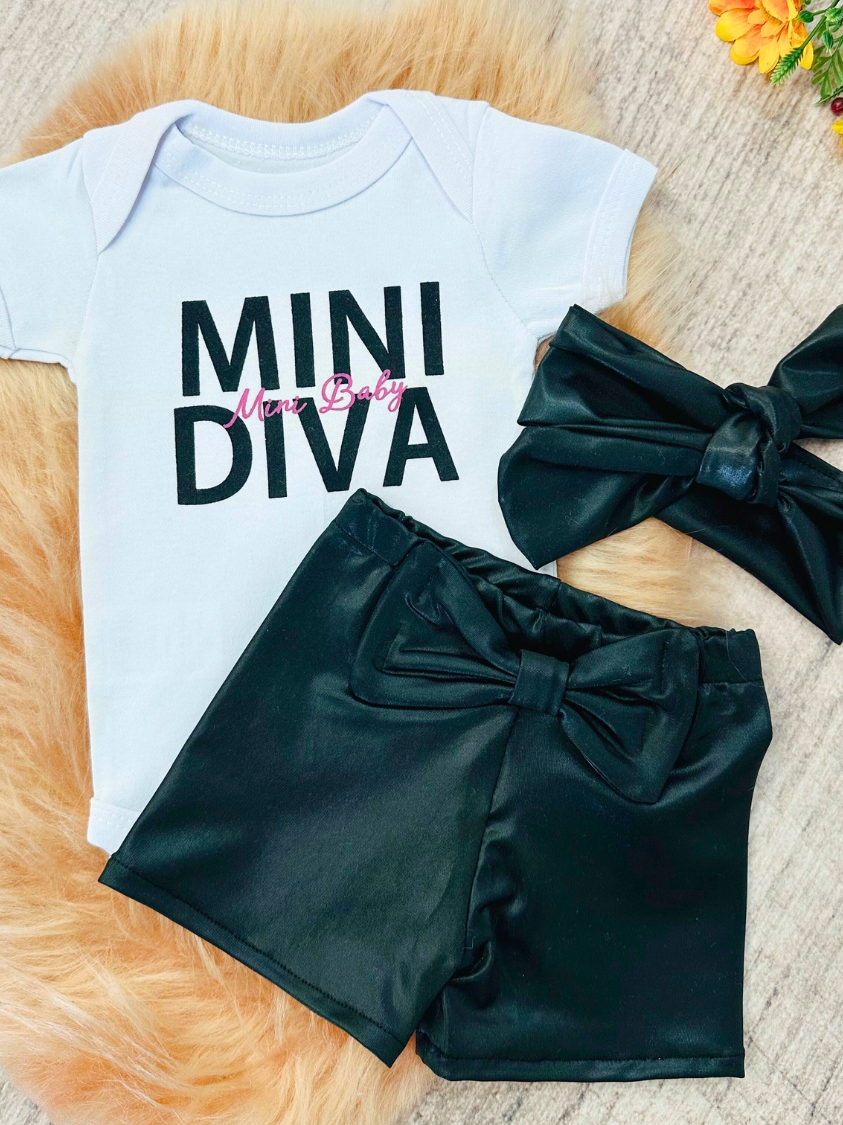 Conjunto Roupa Bebê Menina Body shorts Faixa Algodão Moda Mini Diva infantil Conjuntinho Roupinha