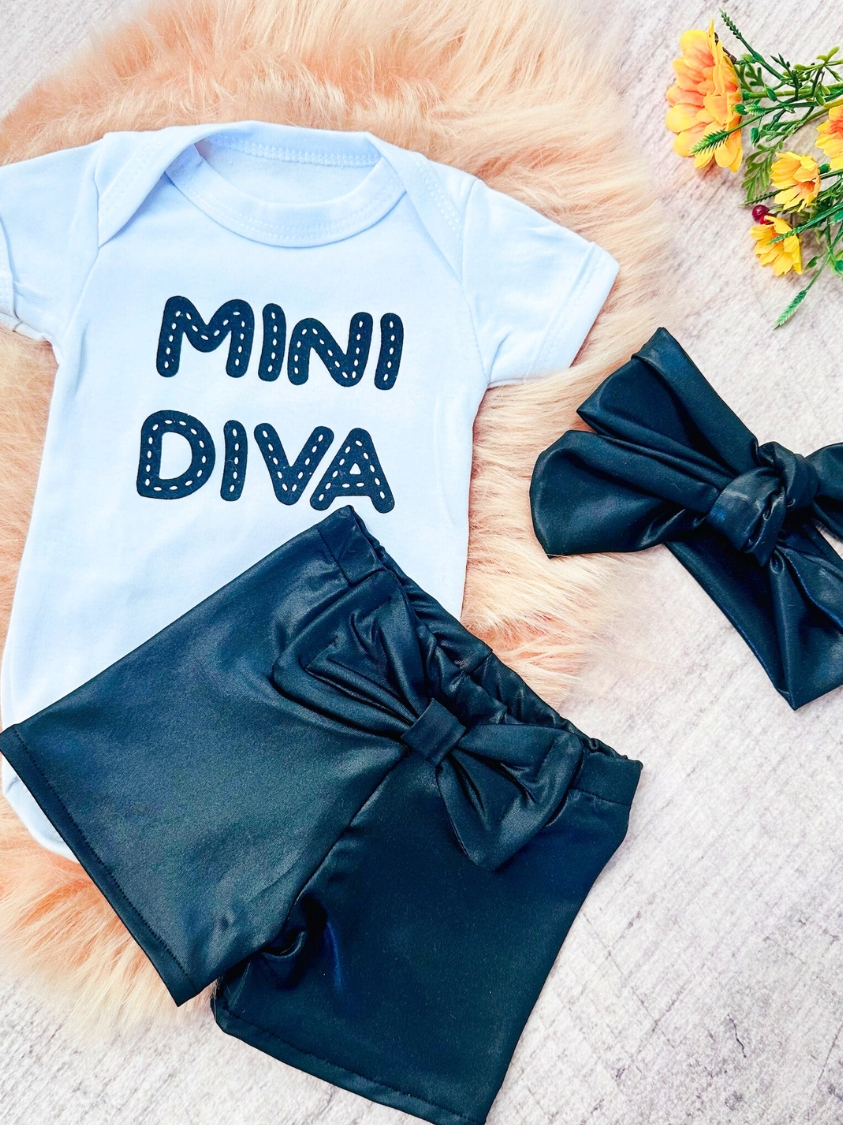 Conjunto Roupa Bebê Menina Body shorts Faixa Algodão Moda Mini Diva infantil Conjuntinho Roupinha