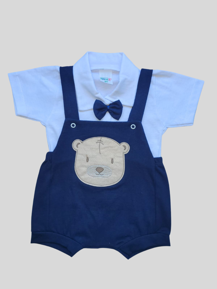 Conjunto Romper Bebê Menino Social em Malha com Bordado + Gravata Borboleta em 2 Peças