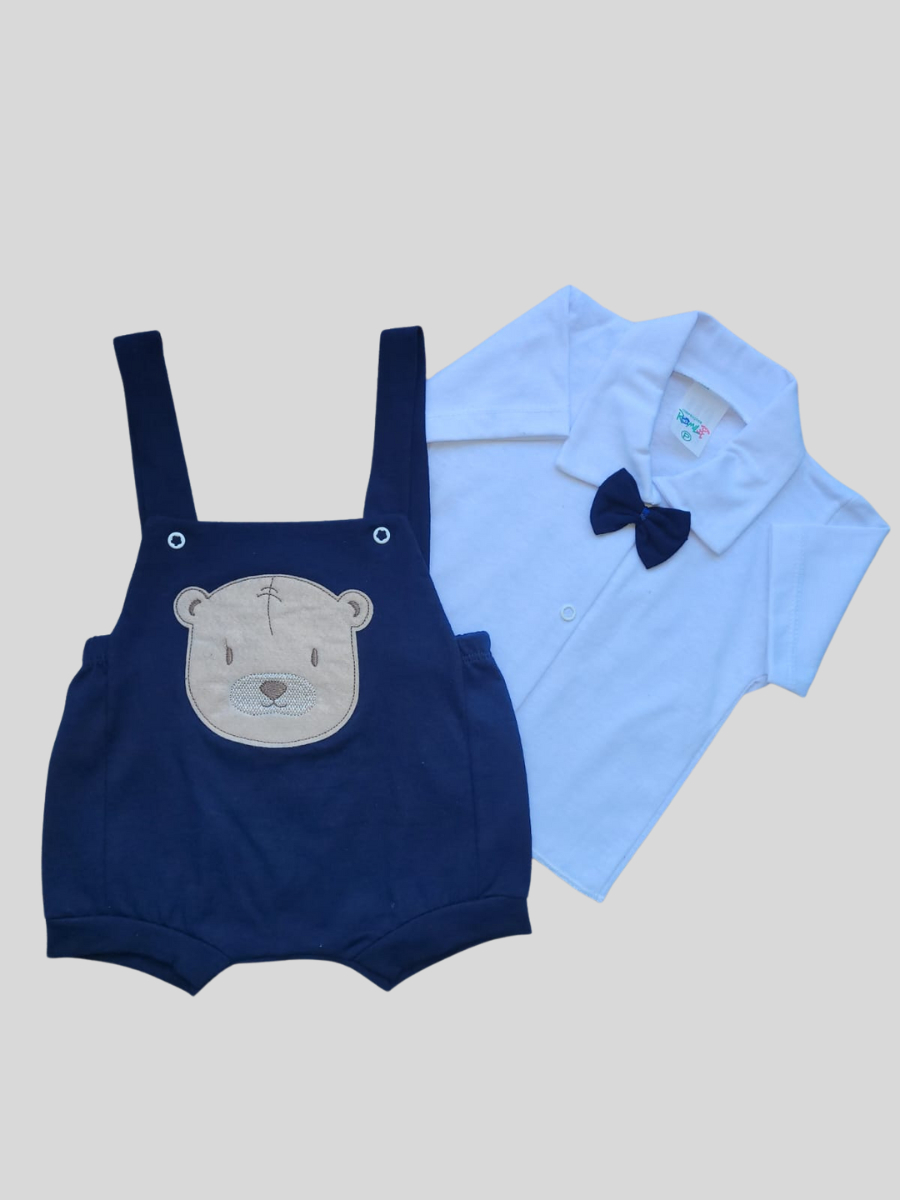 Conjunto Romper Bebê Menino Social em Malha com Bordado + Gravata Borboleta em 2 Peças