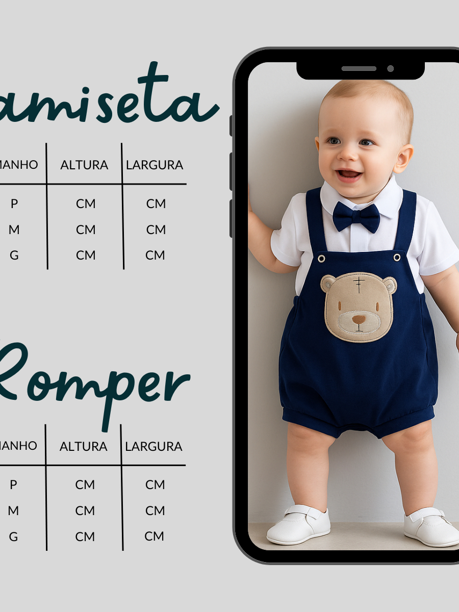 Conjunto Romper Bebê Menino Social em Malha com Bordado + Gravata Borboleta em 2 Peças