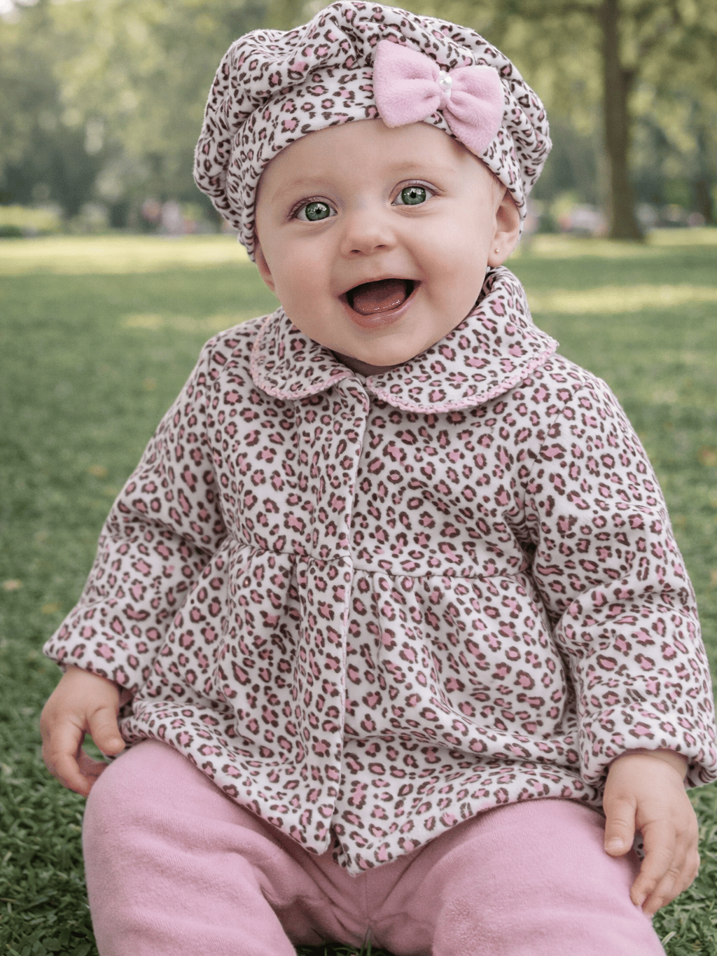 Conjunto Bebê Menina em Soft Estampa Oncinha Laço 3 Peças Casaco + Calça + Boina Inverno