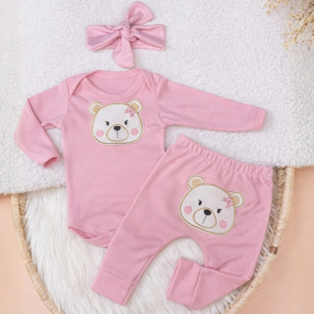 Conjunto Bebê Menina Algodão conjuntinho Bebezinho Suedine Manga Longa Mijão PMG 3 peças Infantil
