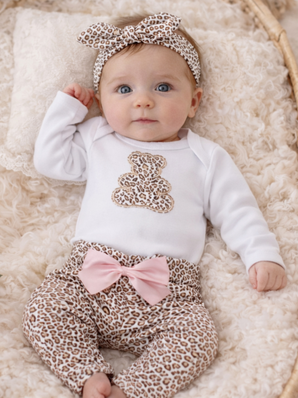 Conjunto Bebê Menina Algodâo Body Manga Longa Mijão Onça Faixa Kit 4 peças Baby