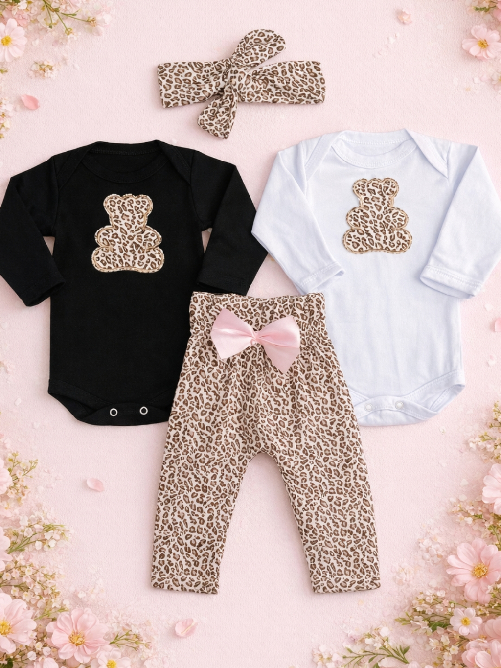Conjunto Bebê Menina Algodâo Body Manga Longa Mijão Onça Faixa Kit 4 peças Baby