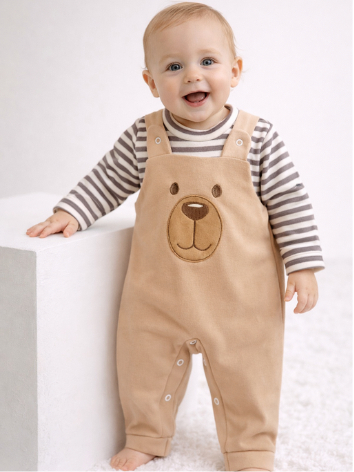 Conjunto para Bebê Menino Jardineira + Camiseta Longa Bordada Listras Inverno Algodão