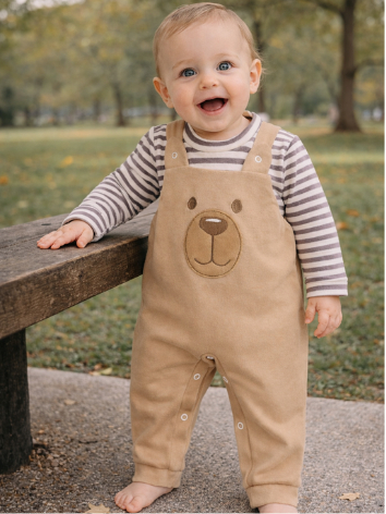 Conjunto para Bebê Menino Jardineira + Camiseta Longa Bordada Listras Inverno Algodão