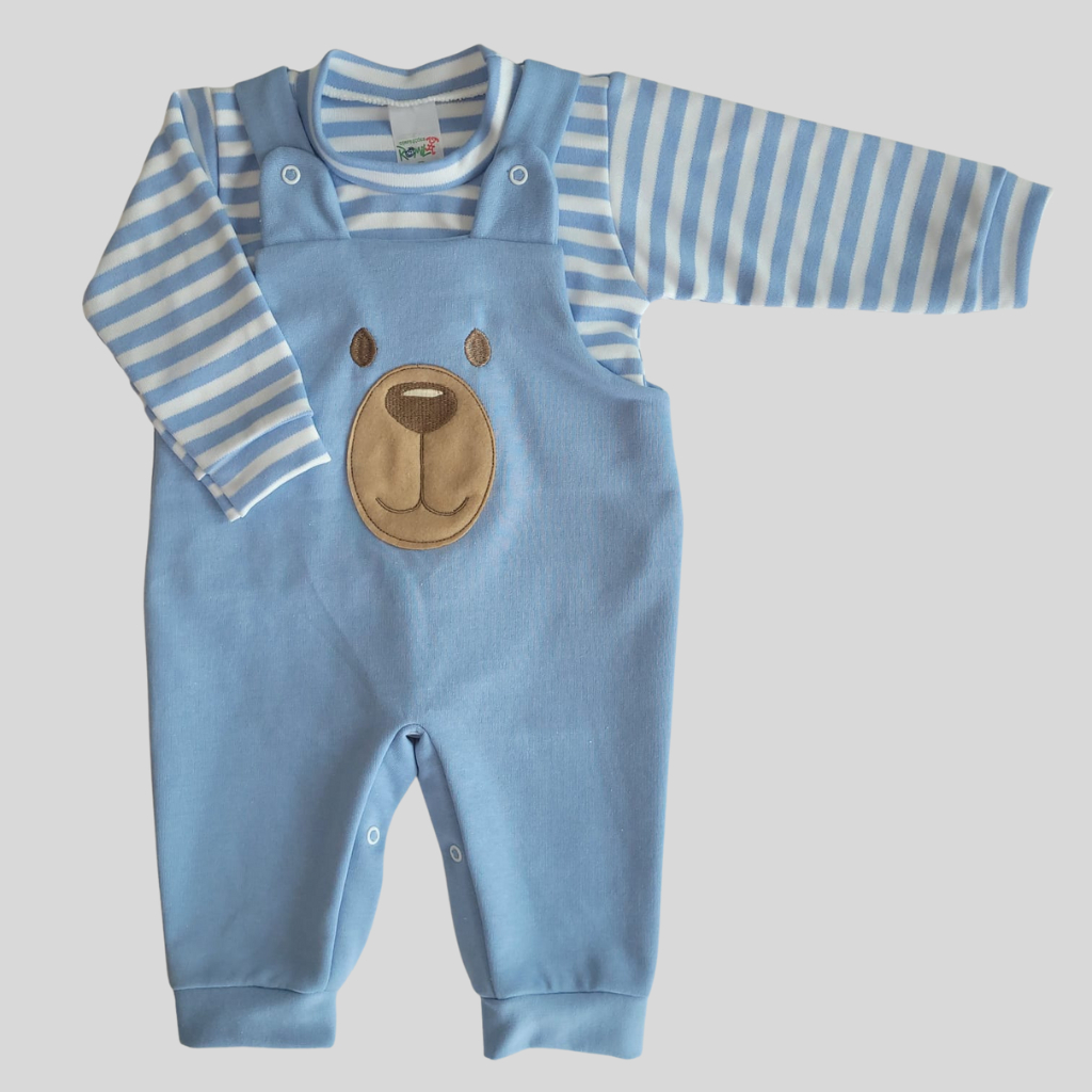 Conjunto para Bebê Menino Jardineira + Camiseta Longa Bordada Listras Inverno Algodão