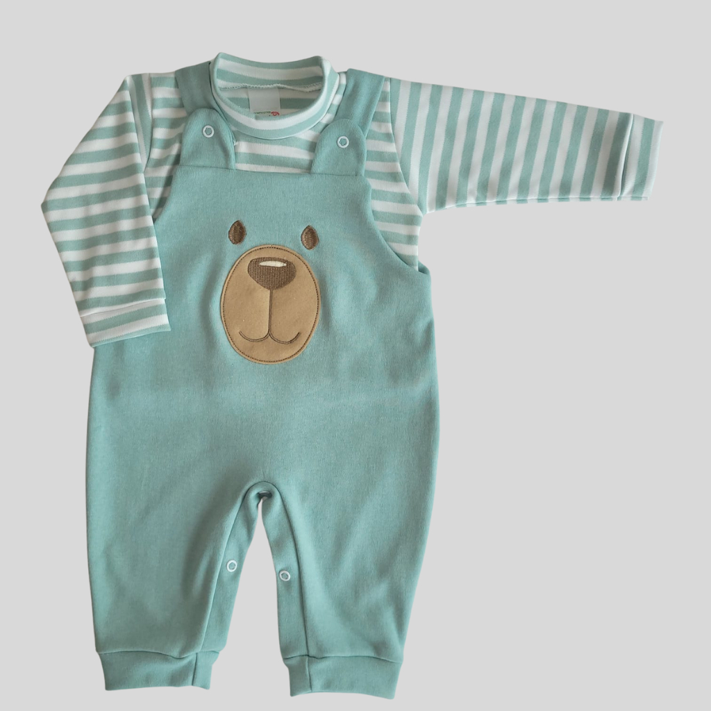 Conjunto para Bebê Menino Jardineira + Camiseta Longa Bordada Listras Inverno Algodão