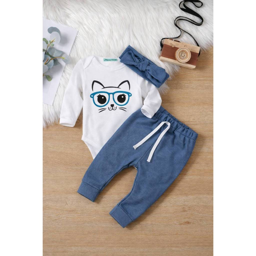 Conjunto Bebe Menina Estilo Bloguerinha Body Manga Longa com Calça de Sarja + Faixinha de Cabelo