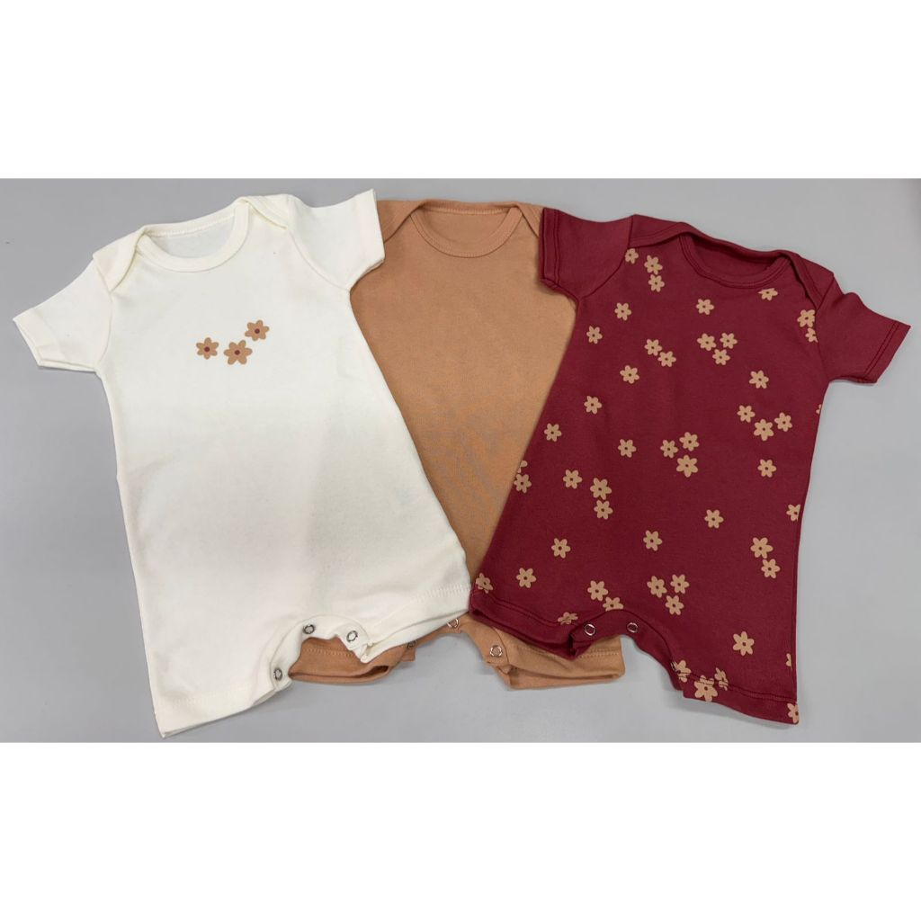 Kit 3 Romper Minimalista Macacão Infantil Liso Estampado Manga Curta