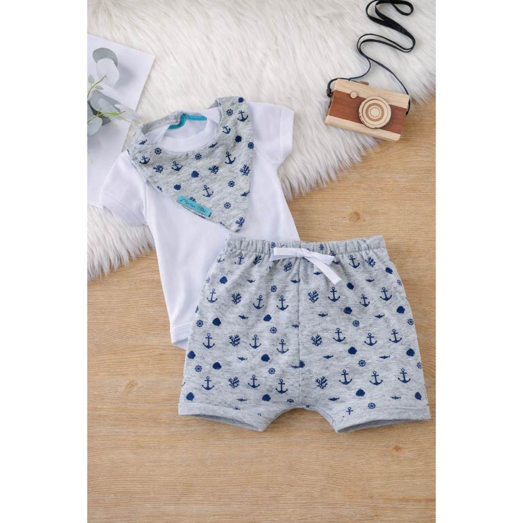 Conjunto Body Bermuda Babador Bebê Menino Masculino Roupa Conjuntinho Roupinha PMG Masculino Barato