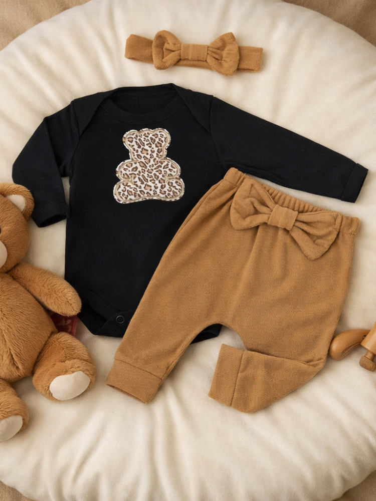 Conjunto Bebê Menina Roupinha Conjuntinho Algodão PMG Urso Inverno Frio Moda Baby Bordado Faixa