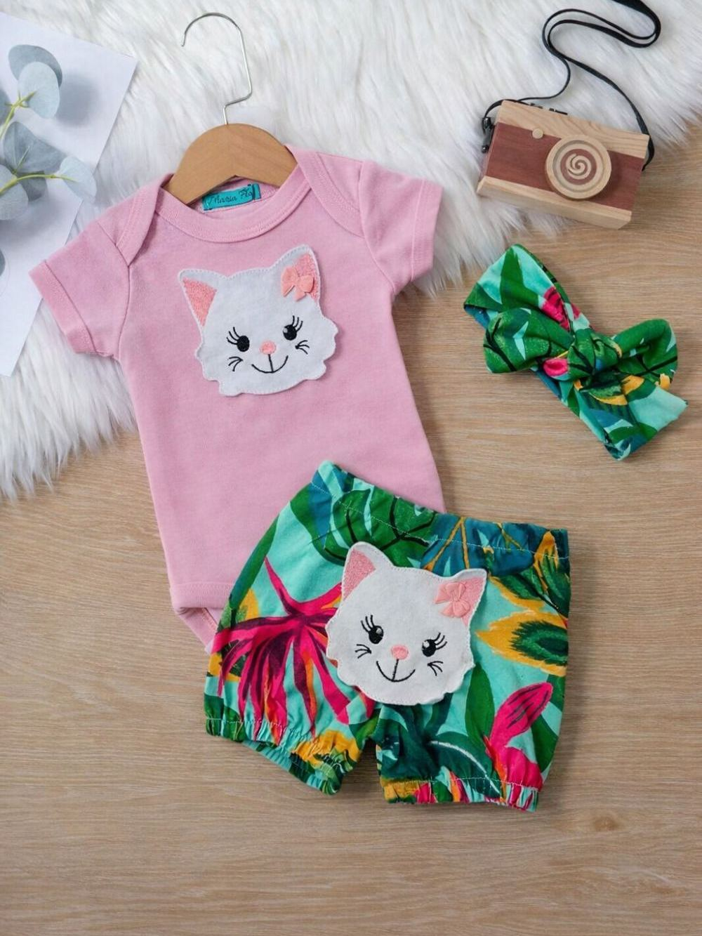 Conjunto Roupa Bebê Menina Body Shorts Feminino Algodão Bordado infantil Conjuntinho Roupinha PMG