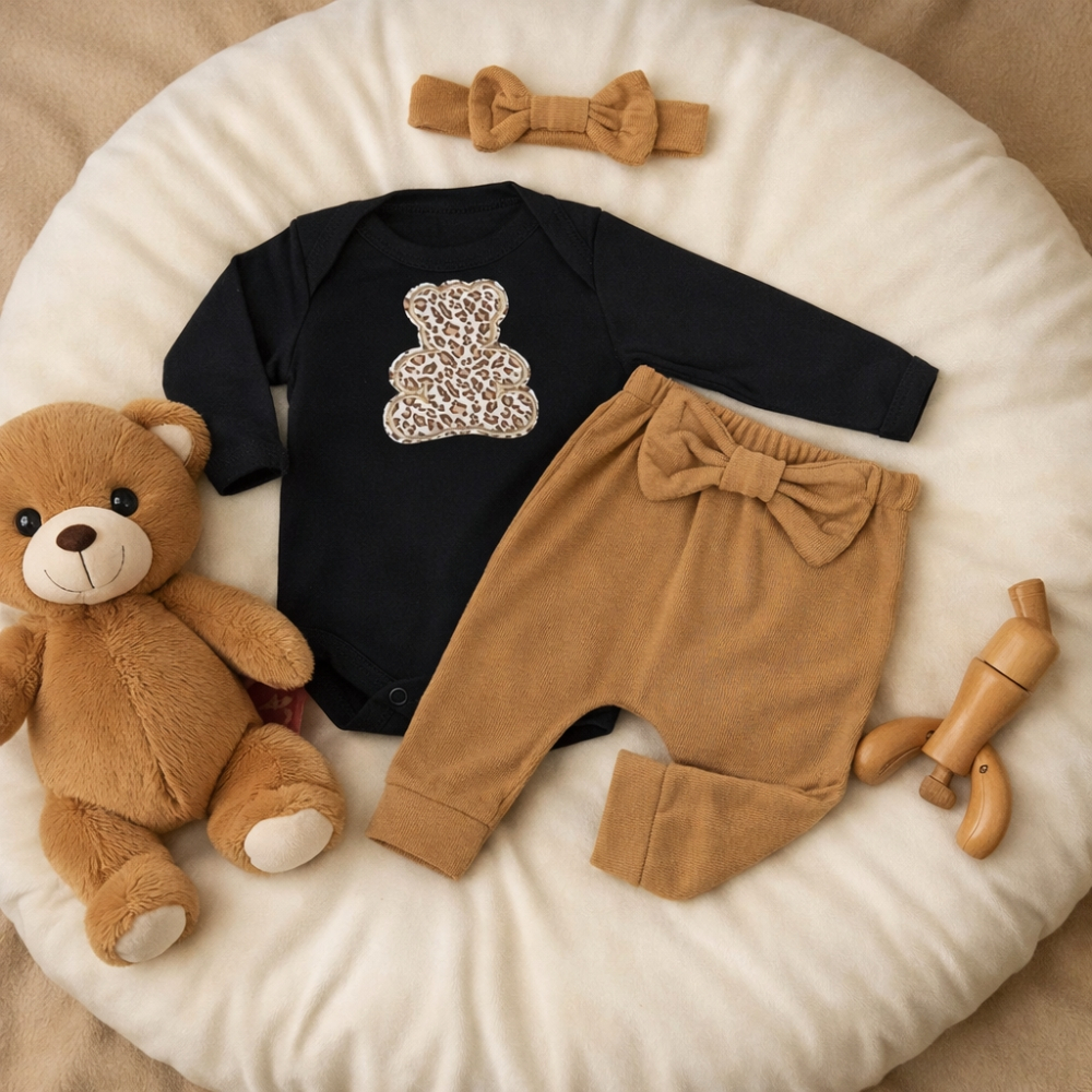 Conjunto Bebê Menina Roupinha Conjuntinho Algodão PMG Urso Inverno Frio Moda Baby Bordado Faixa