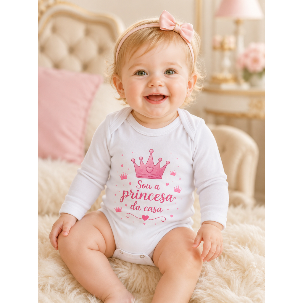 Body Bebê Menina Manga Longa Branco Estampa Princesa da Mamãe e Princesa da Casa P M G Infantil