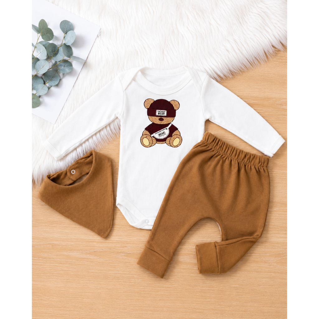 Conjunto Bebe Conjuntinho Roupa Roupinha Baby Ursos Com babador Algodão Frio Inverno Menino PMG Frio