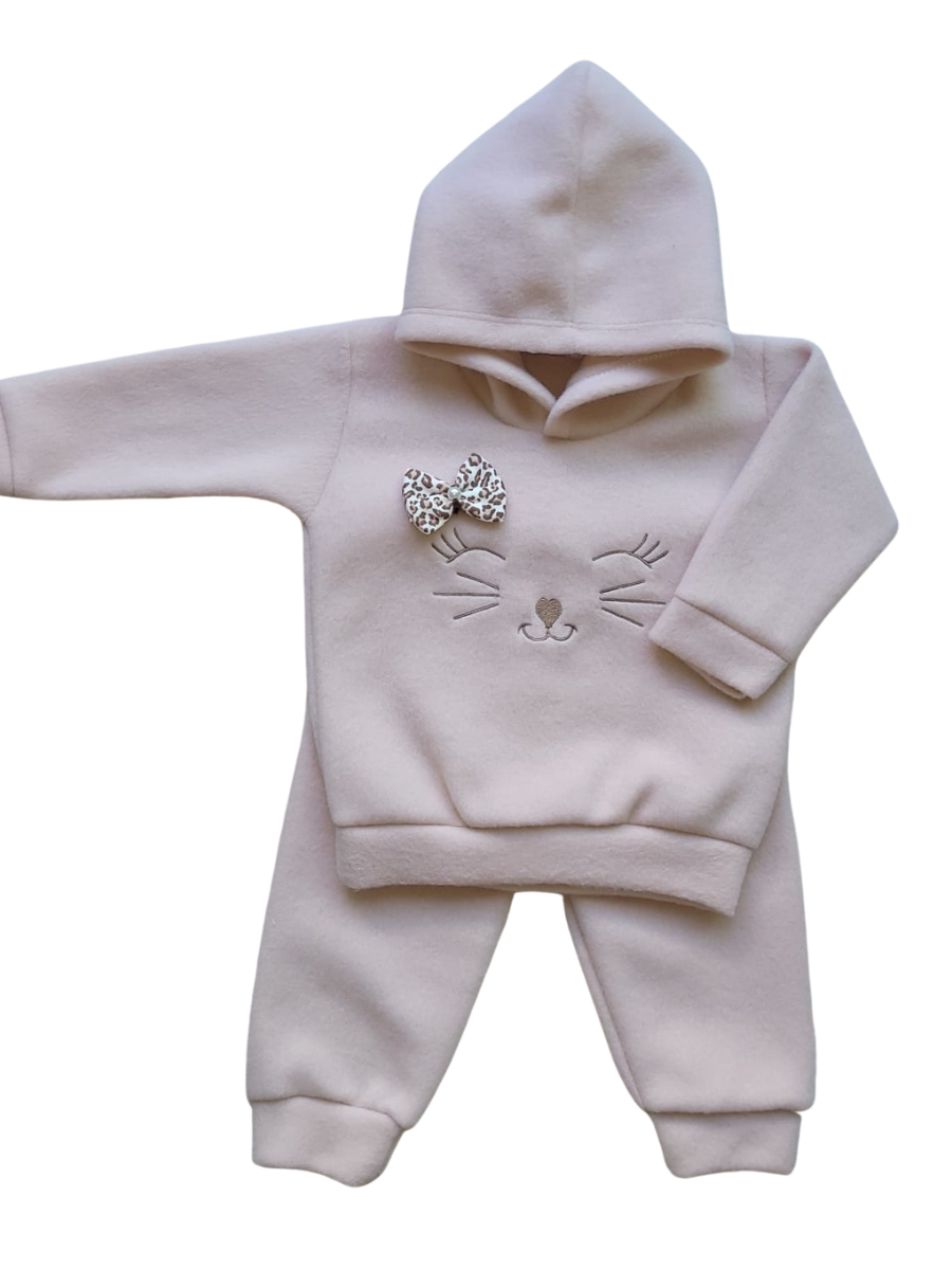 Conjunto Bebê Menina em Soft Bordado Capuz com Laço 2 Peças Casaco + Calça para Bebê Inverno