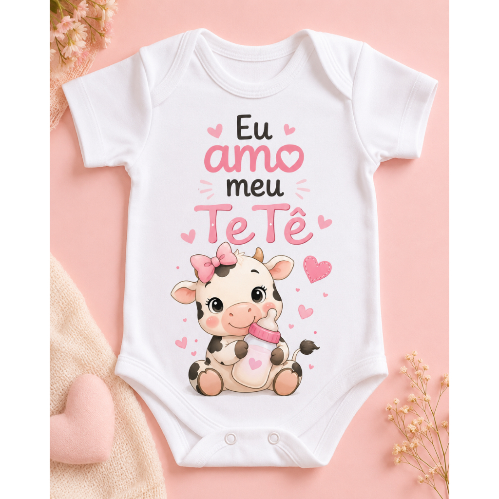 Body Bebê Menina Manga Longa Estampa Vaquinha Rosa roupa roupinha infantil festa temática Infantil