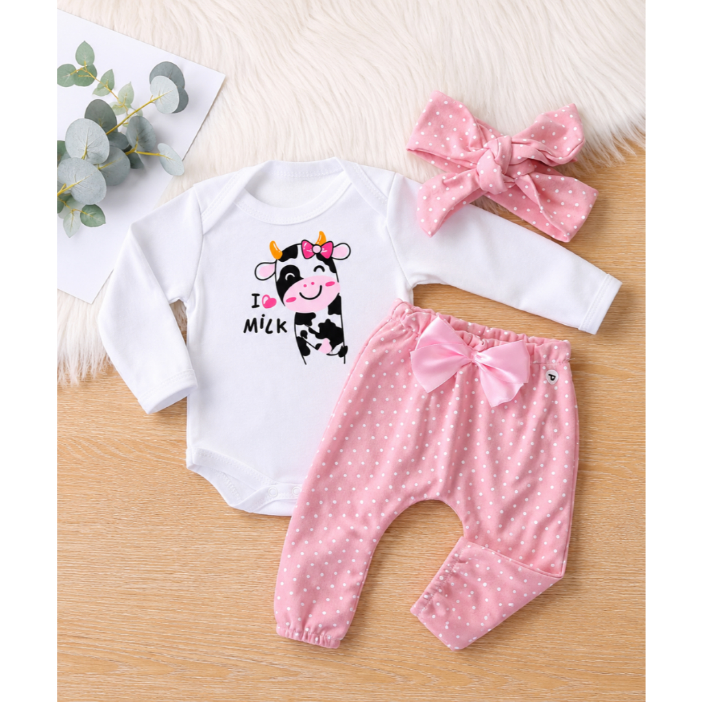 Conjunto Roupinha Roupa Bebe Menina Algodão laço de cabelo Modinha Inverno Frio Conjuntinho 3 pçs