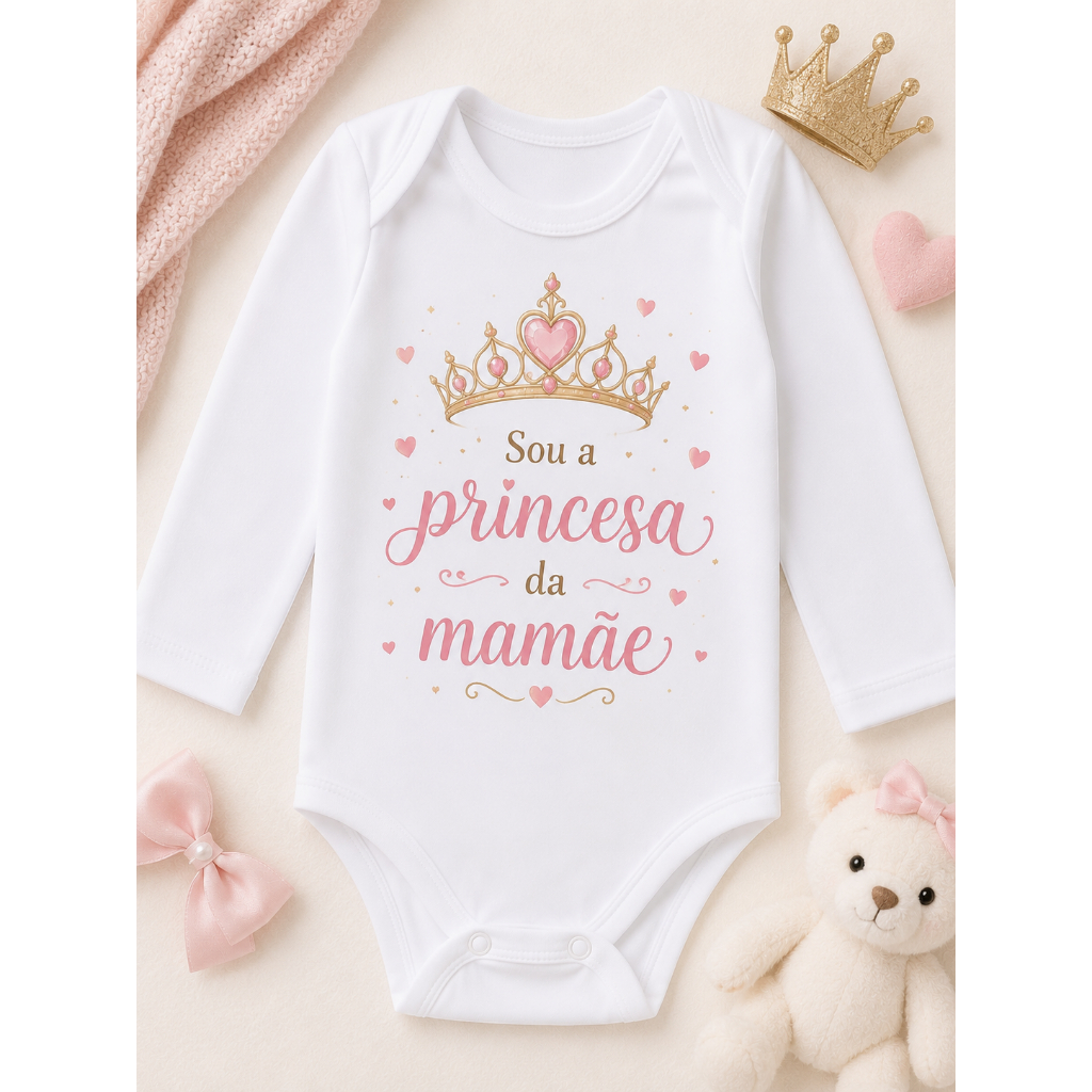 Body Bebê Menina Manga Longa Branco Estampa Princesa da Mamãe e Princesa da Casa P M G Infantil