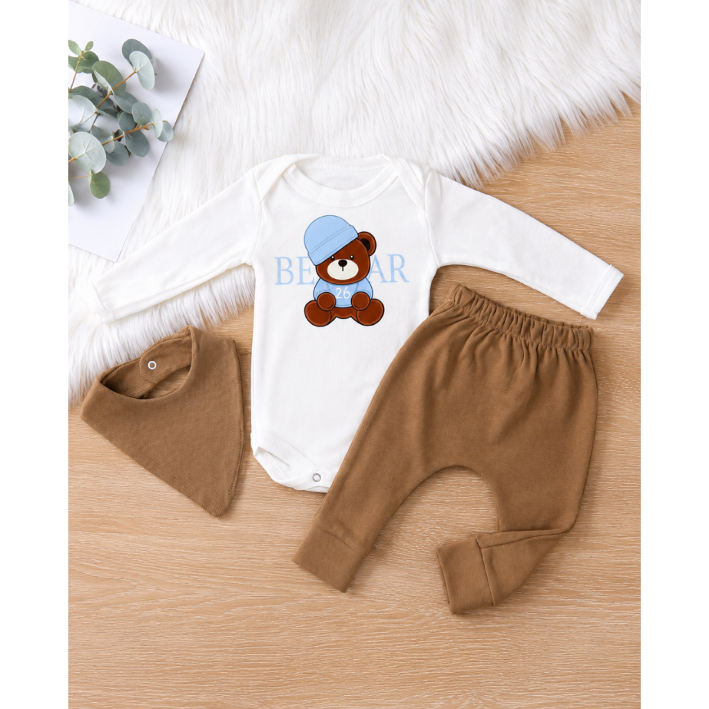Conjunto Bebe Conjuntinho Roupa Roupinha Baby Ursos Com babador Algodão Frio Inverno Menino PMG Frio