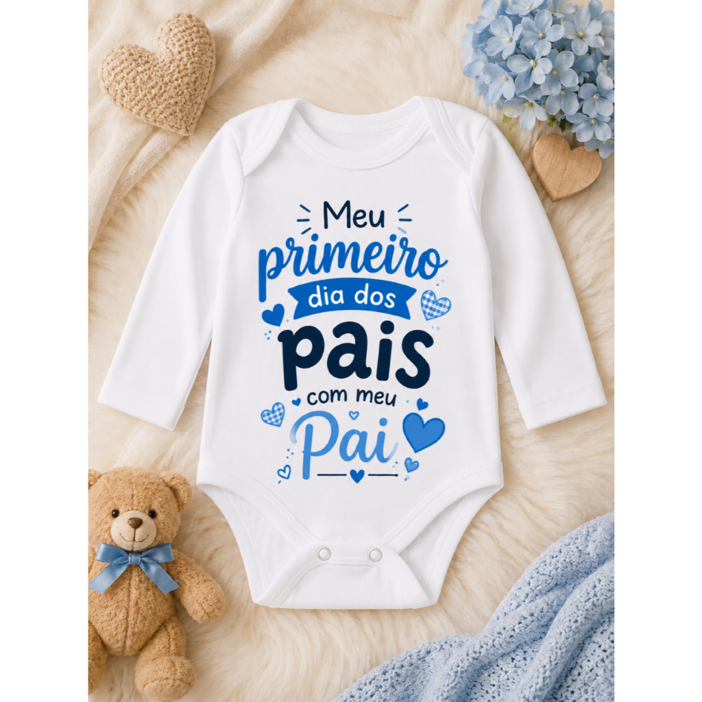 Body Bebê Meu Primeiro Dia dos Pais com Meu Pai Estampa Azul Manga Curta ou Longa Branco P M G