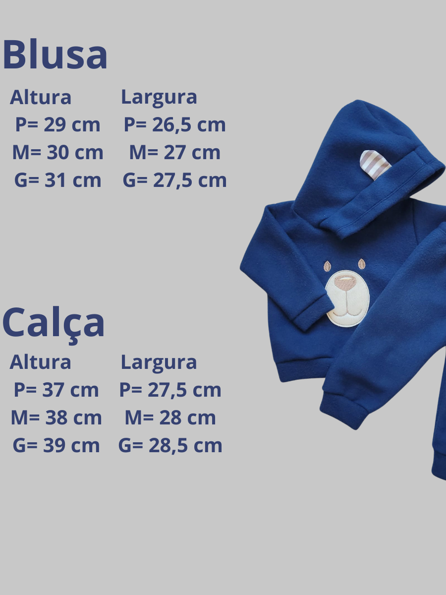 Conjunto Bebê Menino em Soft Bordado Capuz com Orelhinha 2 Peças Casaco + Calça para Bebês