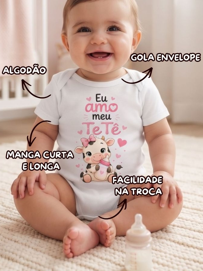 Body Bebê Menina Manga Longa Estampa Vaquinha Rosa roupa roupinha infantil festa temática Infantil